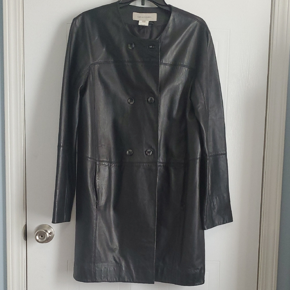 GERARD DAREL  42 Double-Breasted Black Leather Jacket Deep Black  Perfect